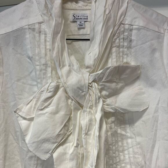 Pamela Roland Sterling White Crinkle Bow & Bib Short Sleeve Blouse sz 1X - Picture 1 of 5